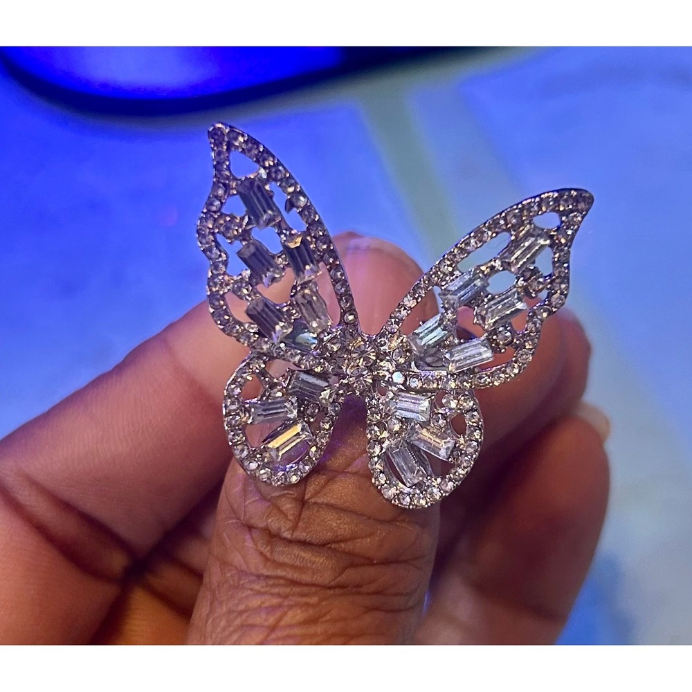 Silver Tone Butterfly Statement Ring Baguette Round Cubic Zirconia Cocktail Ring